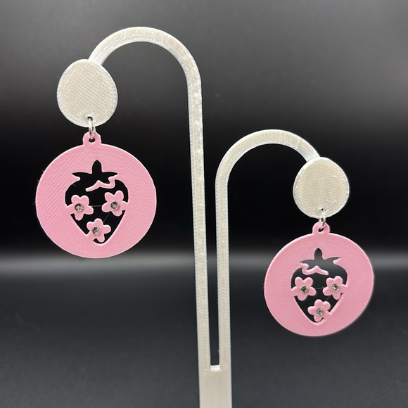 Pink Strawberry Dangle Earrings With Rhinestones - Picture 5 of 5